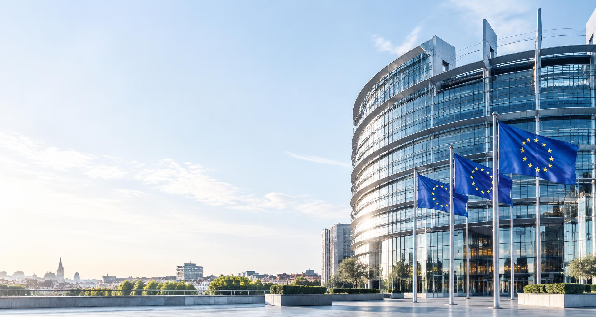 European Parliament architecture with European Union flags